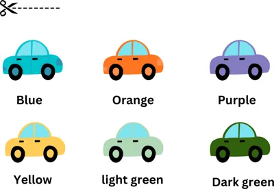 Six small cars in blue, orange, purple, yellow, light green and dark green, each labelled with its color name.