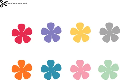 Two rows of simple five-petal flowers in eight different colors with no labels.
