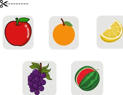 Five colored fruit pictures: a red apple, an orange, a lemon slice, purple grapes and a watermelon slice.