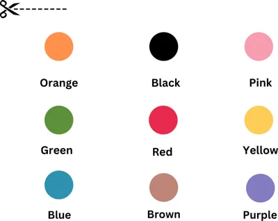 Nine colored circles labelled orange, black, pink, green, red, yellow, blue, brown and purple.