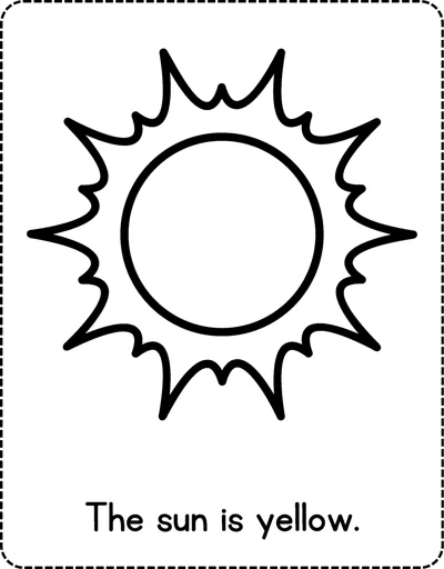 A large sun outline with wavy rays and the sentence The sun is yellow printed below.