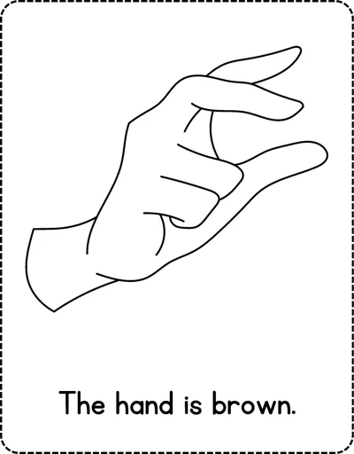 An outline of an open hand with the sentence The hand is brown printed below.