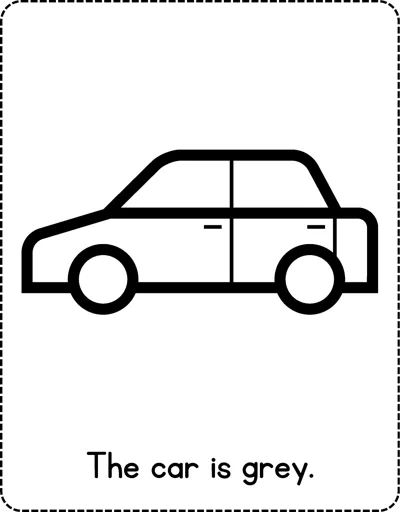 A bold outline of a small car seen from the side with the sentence The car is grey below.