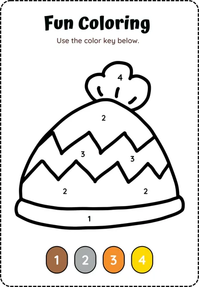 A knitted bobble hat with zigzag stripes, each section numbered, and a four-color key below.