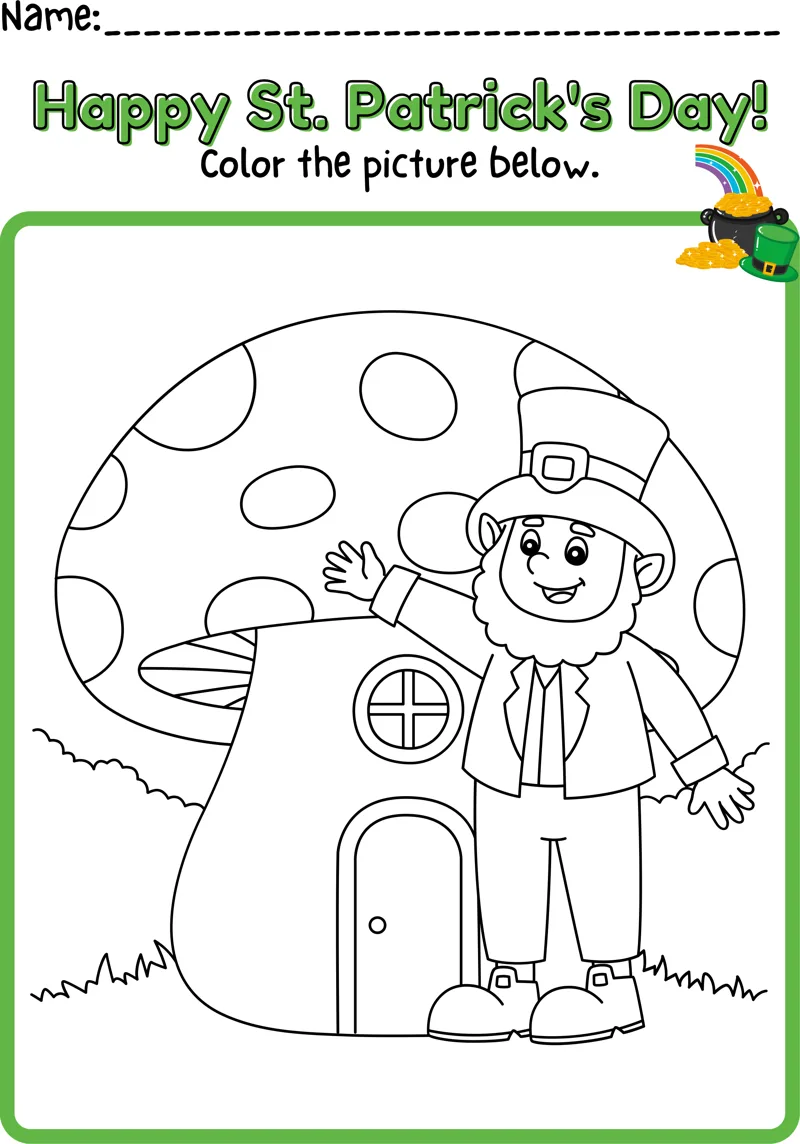 A bearded leprechaun in a top hat stands beside a spotted mushroom house with a door and window.