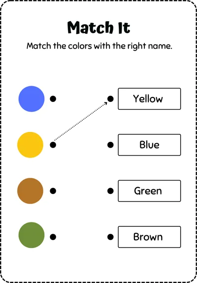 Four colored dots in blue, yellow, brown and green to be joined by lines to their color names.