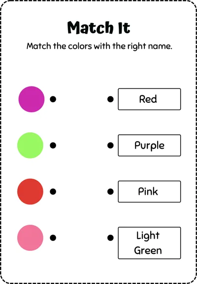 Four colored dots in purple, light green, red and pink to be joined by lines to their color names.