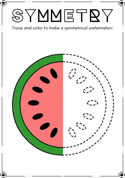 The left half of a watermelon slice is colored and the right half is a dashed outline with seeds.