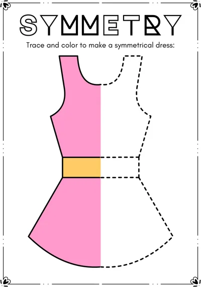The left half of a pink dress with a yellow belt is colored and the right half is dashed.