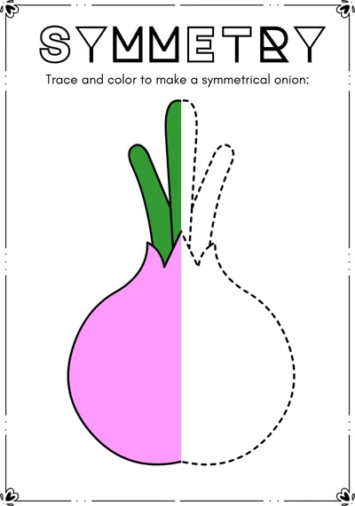 The left half of a pink onion with green shoots is colored and the right half is a dashed outline.