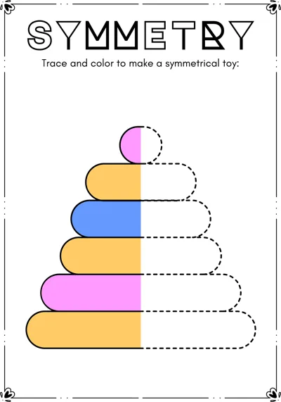 The left half of a stacking ring toy in pink, orange and blue, with the right half a dashed outline.
