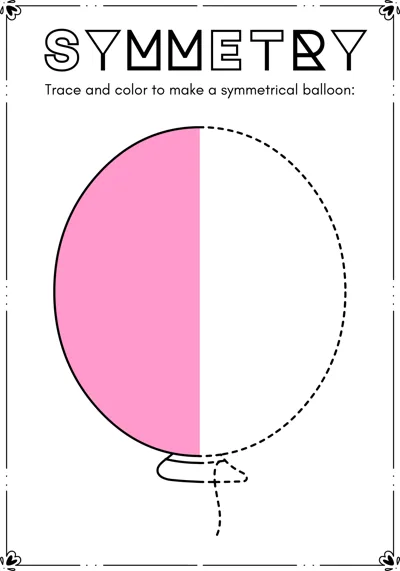 The left half of a pink balloon on a string is colored and the right half is a dashed outline.