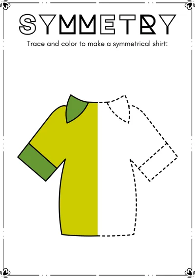 The left half of a yellow-green t-shirt is colored and the right half is a dashed outline to trace.