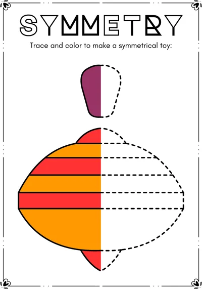 The left half of a striped red and orange spinning top is colored and the right half is dashed.