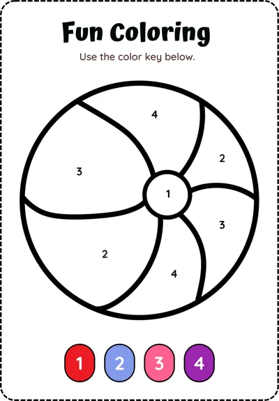 A large beach ball divided into numbered panels with a four-color key underneath.