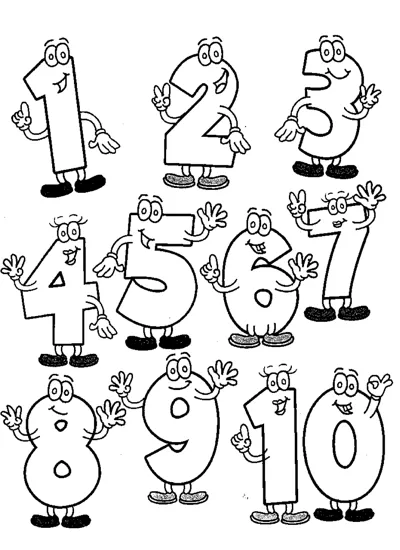 The numbers one to ten drawn as cartoon characters with faces, arms and legs.
