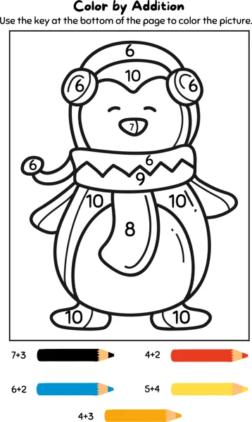 A color-by-addition worksheet showing a penguin with earmuffs, each area marked with a number.