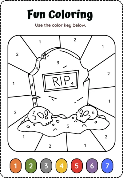 A color-by-number worksheet showing a gravestone marked RIP with skulls and a seven-color key.