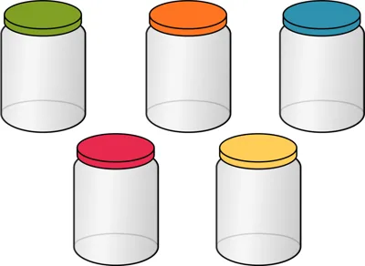 Five empty glass jars with lids in green, orange, blue, red and yellow.