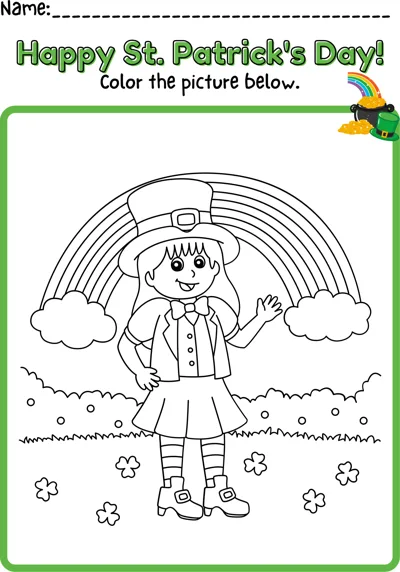 A girl in a top hat and skirt waves in front of a rainbow, with shamrocks on the grass.