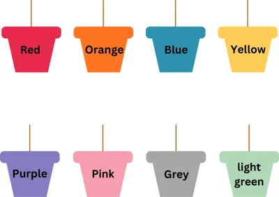 Eight paint buckets hanging on strings, each a different color with its name printed on the front.