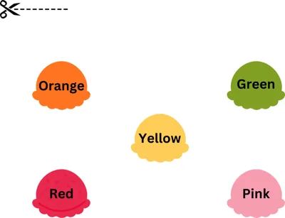 Five ice cream scoops in orange, green, yellow, red and pink, each labelled with its color name.