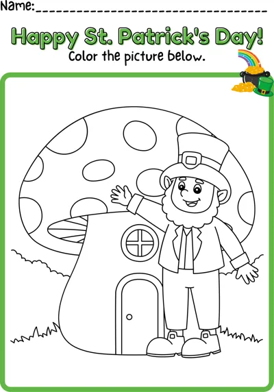 A bearded leprechaun in a top hat stands beside a spotted mushroom house with a door and window.