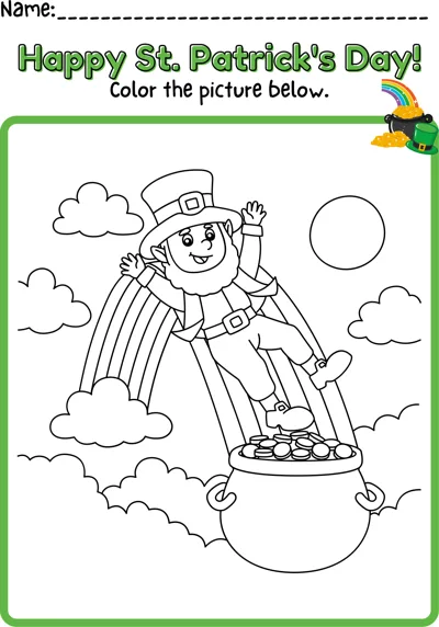 A leprechaun slides down a rainbow toward a pot of gold, with clouds and a sun above.