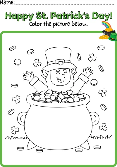 A happy leprechaun raises his arms behind a big pot of gold coins, with clovers and coins around.
