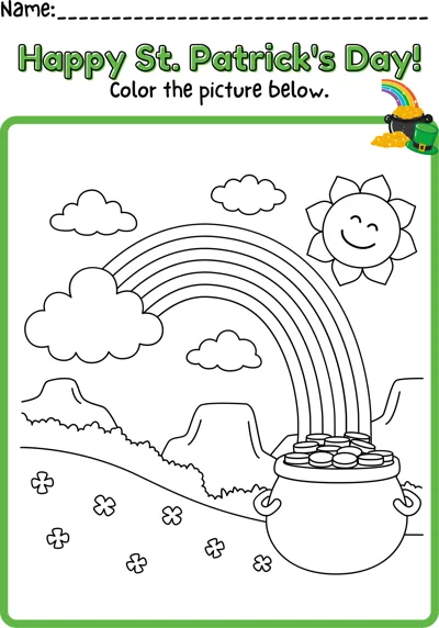 A rainbow arcs from the clouds down to a pot of gold, with a smiling sun and shamrocks.