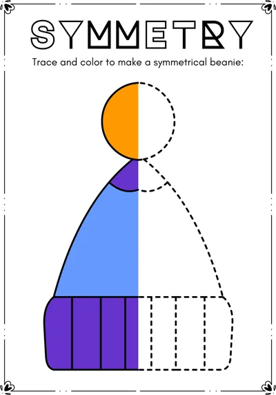 The left half of a blue and purple beanie with an orange bobble is colored, the right half dashed.