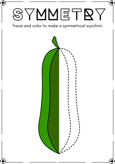 The left half of a dark green zucchini is colored and the right half is a dashed outline to trace.