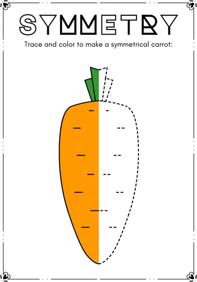 The left half of an orange carrot with a green top is colored and the right half is dashed.