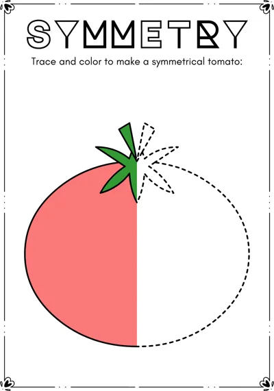 The left half of a red tomato with a green stem is colored and the right half is dashed.