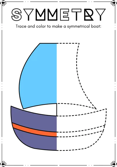 The left half of a sailboat with a blue sail is colored and the right half is a dashed outline.