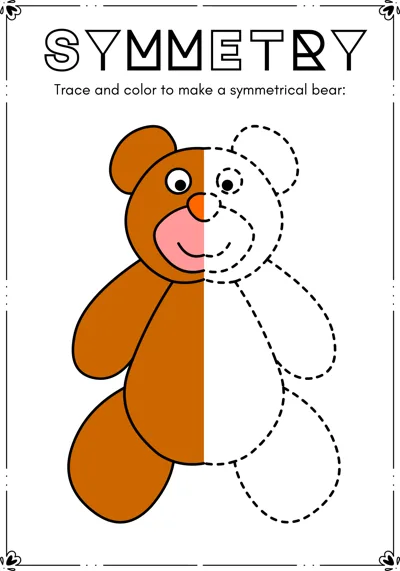 The left half of a brown teddy bear is colored and the right half is a dashed outline to trace.