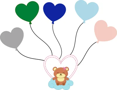 A small teddy bear on a cloud holds five heart-shaped balloons in green, blue, light blue, pink and grey.
