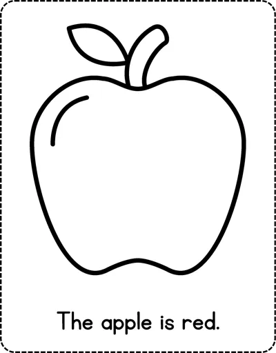 A large outline of an apple with a leaf and the sentence The apple is red printed below.