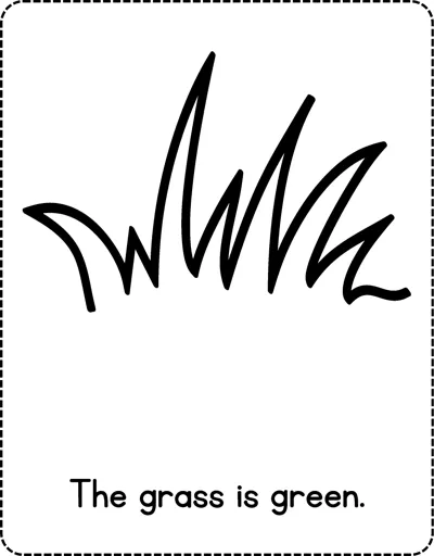 A clump of tall grass blades in outline with the sentence The grass is green printed below.