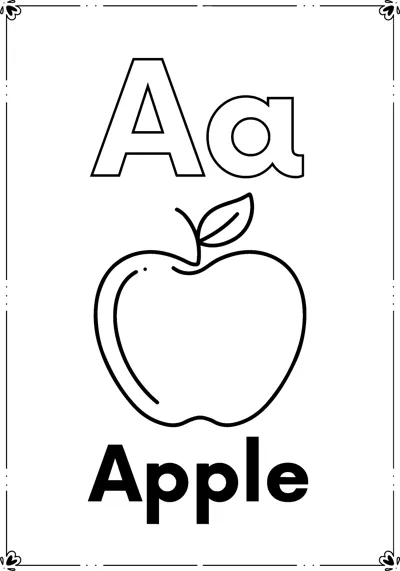 Outlined letters Aa above a simple apple with a leaf and the word Apple, inside a decorative frame.