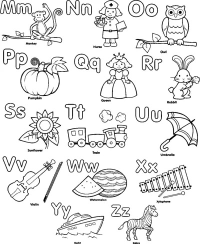 A chart of letters M to Z, each paired with a small labeled picture such as monkey, owl and zebra.