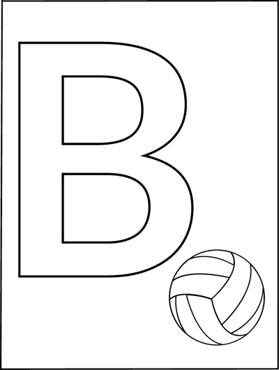 A huge outlined capital letter B fills the page with a small ball in the bottom corner.