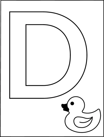 A huge outlined capital letter D fills the page with a small duck in the bottom corner.