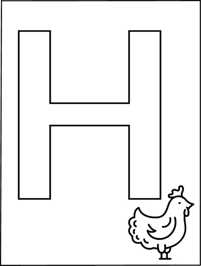 A huge outlined capital letter H fills the page with a small hen in the bottom corner.