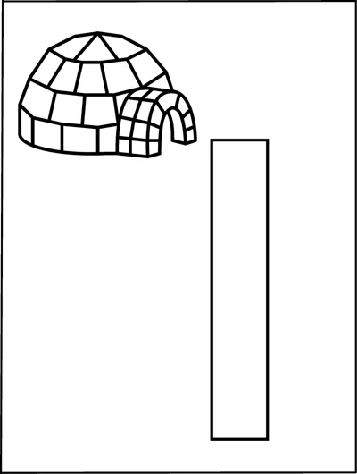 A huge outlined capital letter I fills the page with a small brick igloo in the top corner.