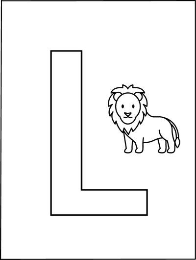 A huge outlined capital letter L fills the page with a small lion standing beside it.