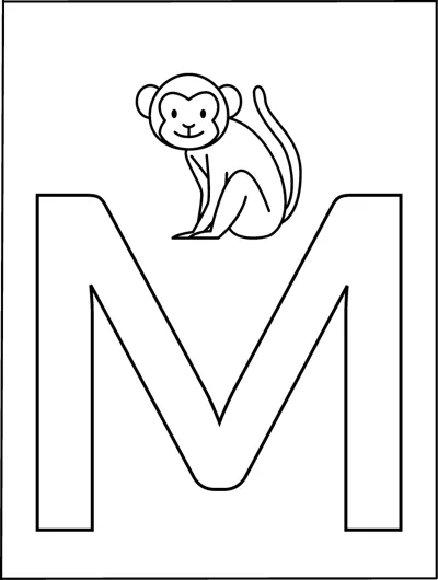 A huge outlined capital letter M fills the page with a small monkey sitting in the top corner.