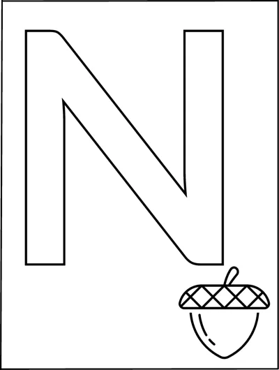 A huge outlined capital letter N fills the page with a small acorn in the bottom corner.