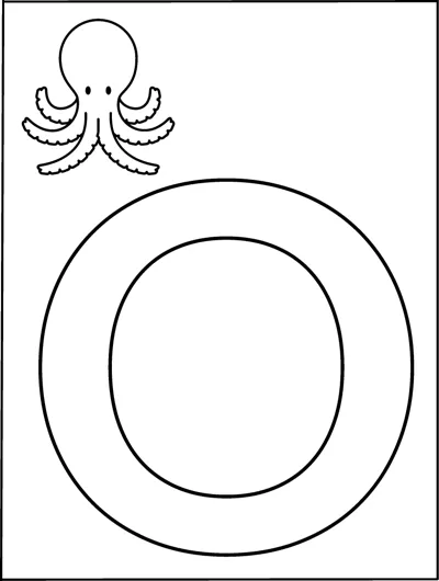 A huge outlined capital letter O fills the page with a small octopus in the top corner.