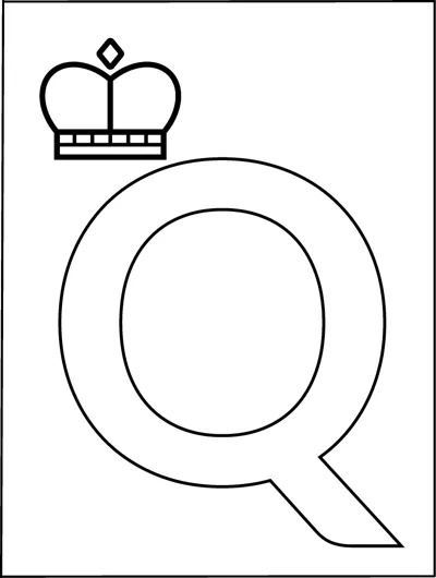 A huge outlined capital letter Q fills the page with a small royal crown in the top corner.